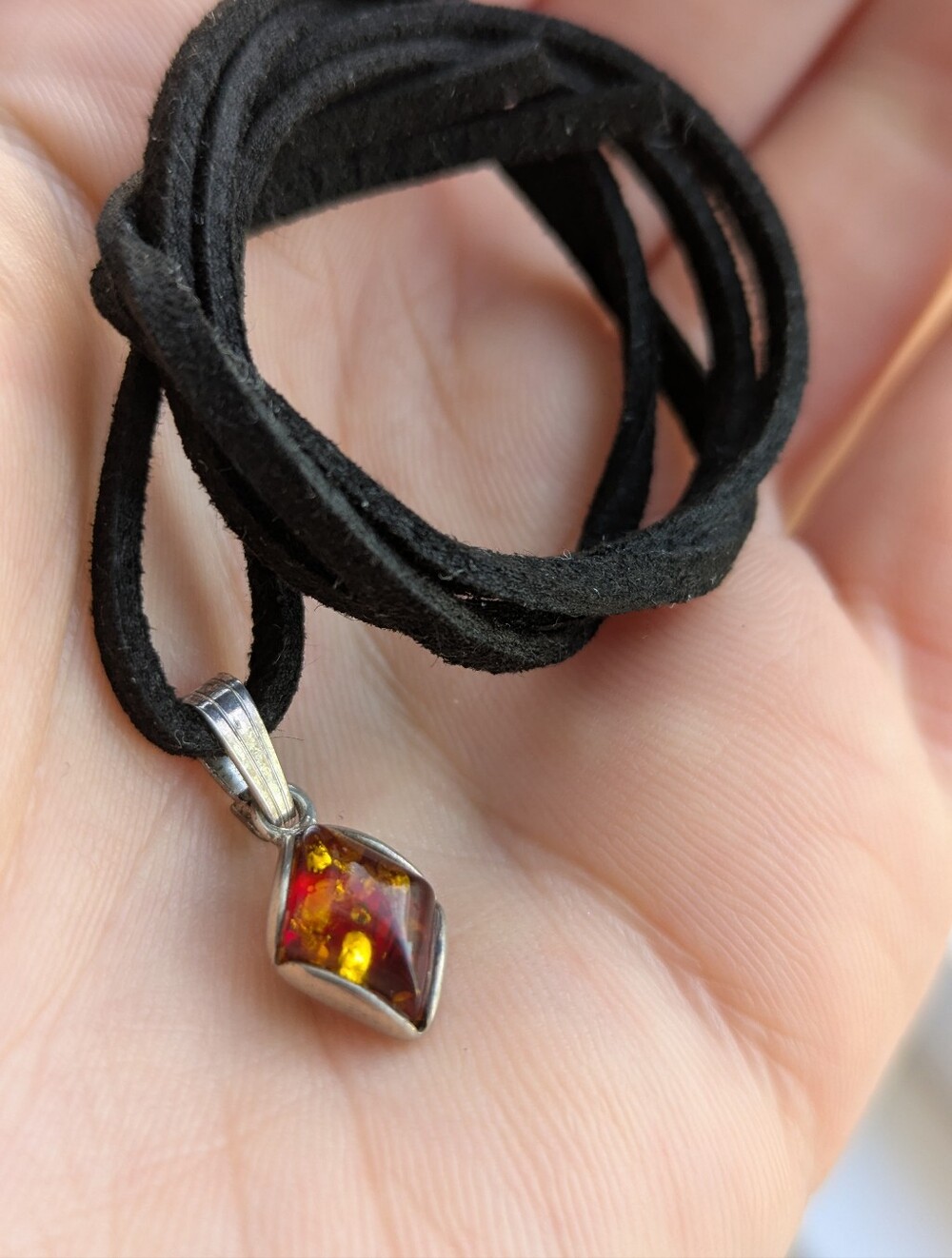 Sterling Amber Pendant Necklace - Black Suede Cord